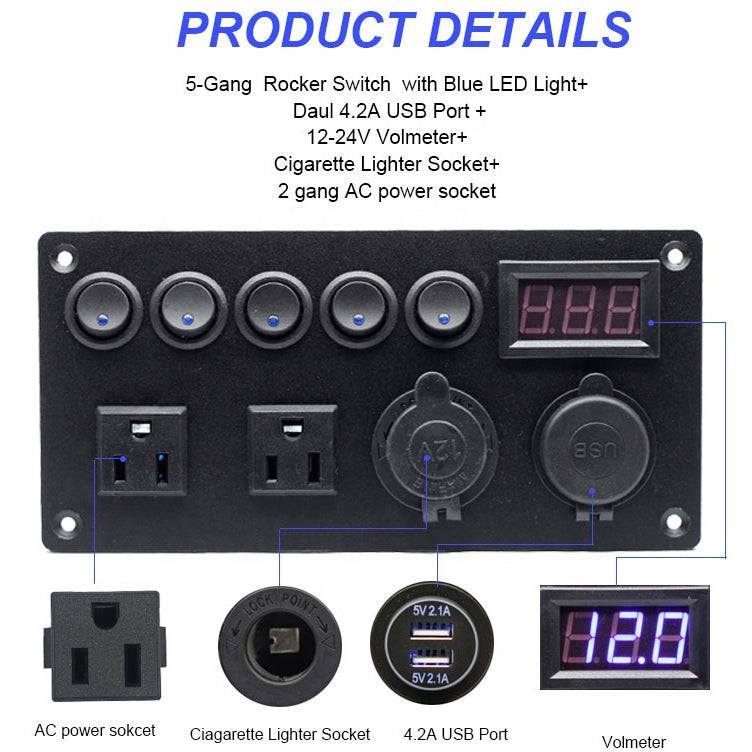 12v Switch Panel - 5 Gang Switch Panel | with AC / Usb Outlets - Image 2