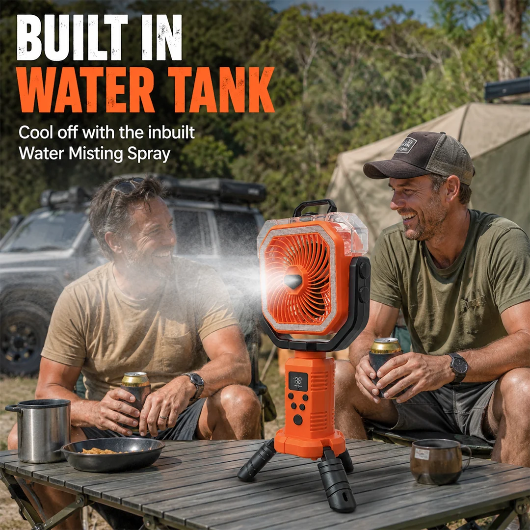 Camping Fan with Adjustable Stand, Water Misting Spray, Built in Lantern & 20,000mAh Battery - Image 3