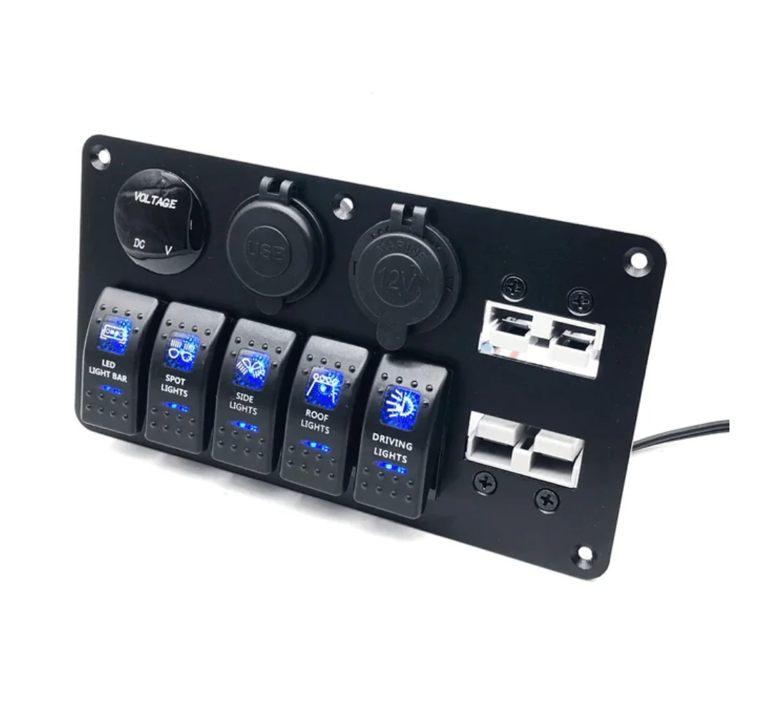 12V Switch Panel Anderson | 5 x Rocker Switch, Ciggie, USB QC 3.0 & Voltmeter - Image 2