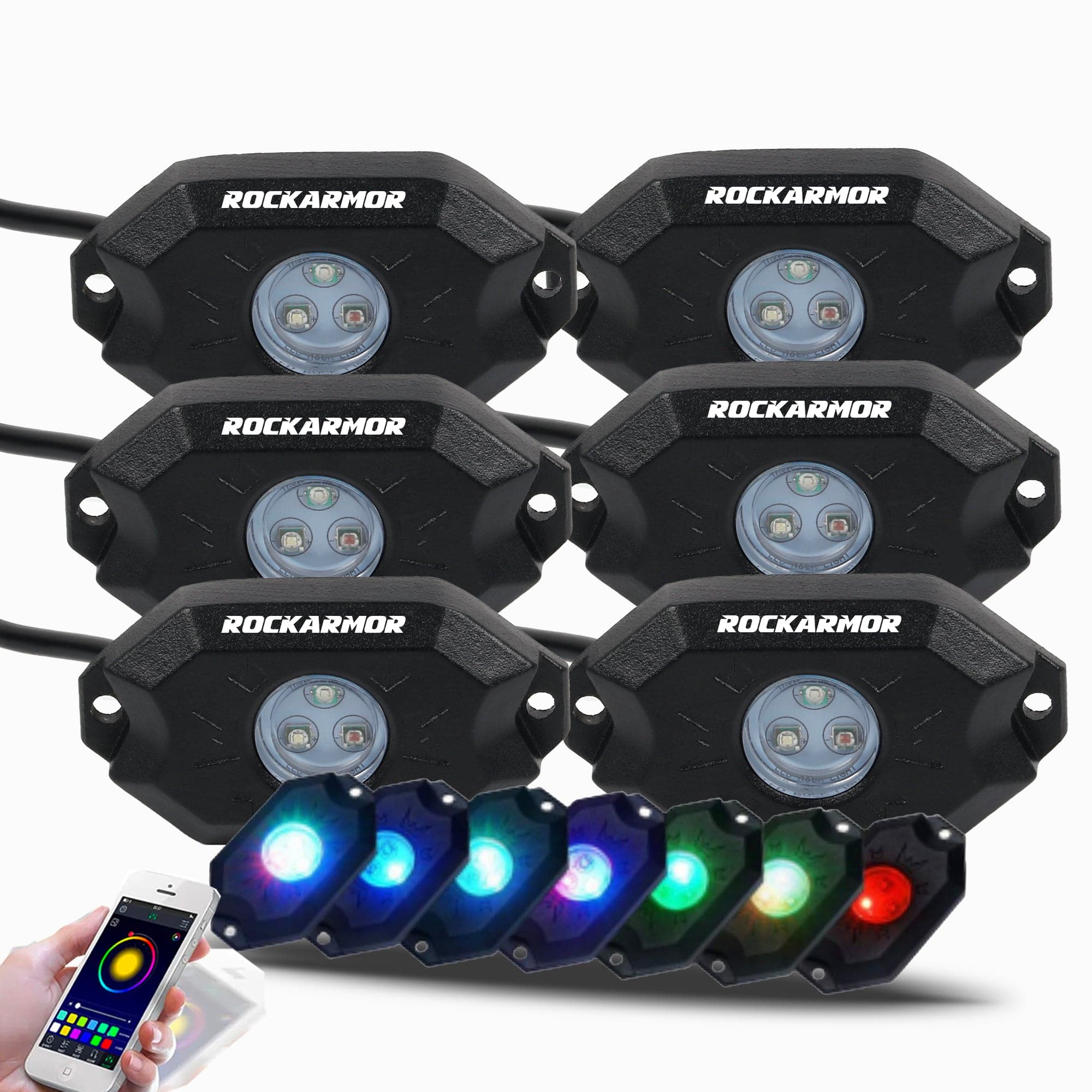 RGB Rock Lights 6 Pod Bluetooth App Rockarmor 4x4